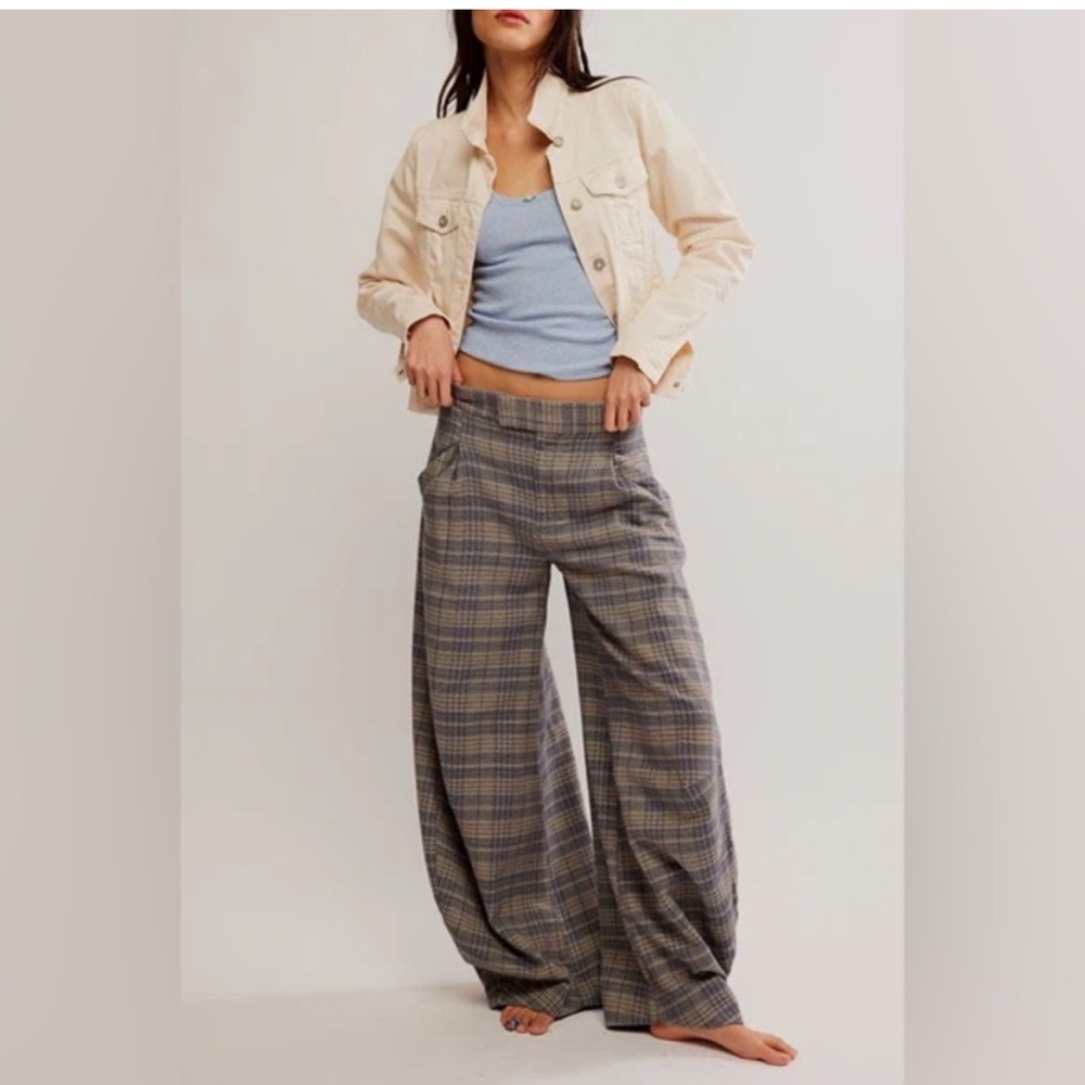 Free People Plaid Wide Leg Pants - Blue and Gray